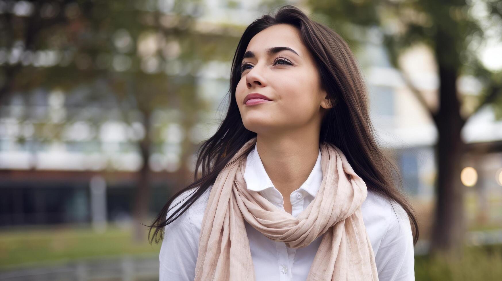 A woman in a white shirt and scarf looking up photo