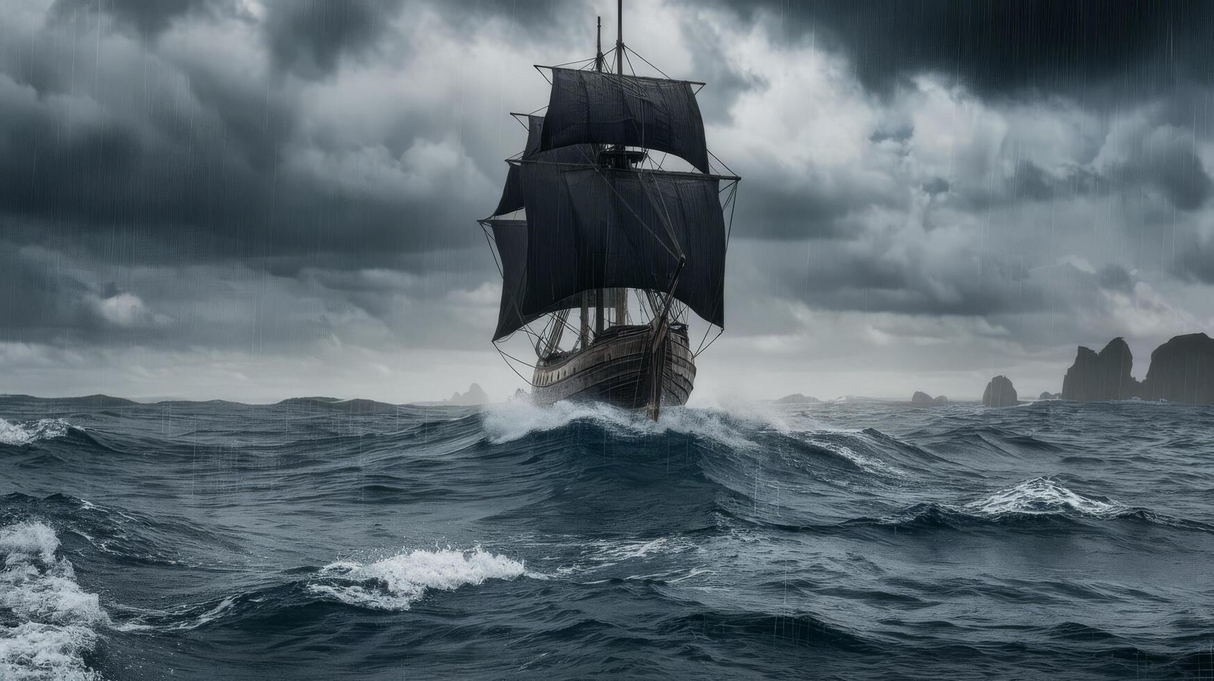 Sailing ship in stormy sea with dark clouds photo