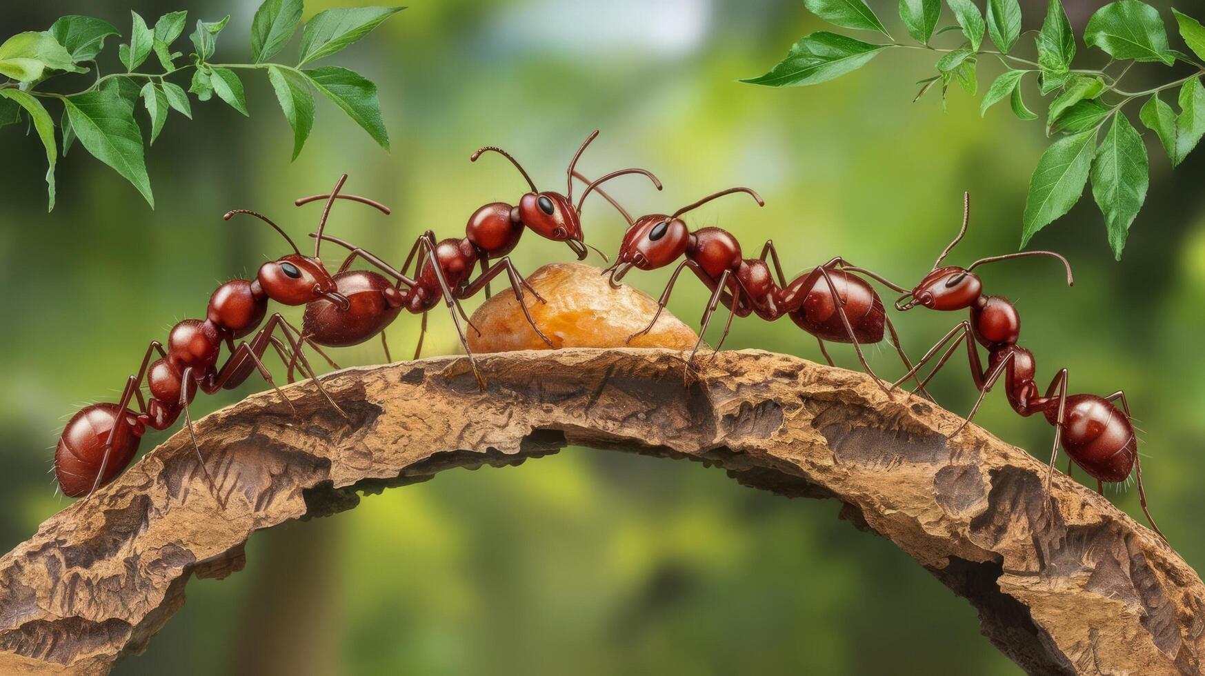 Ants on a log with leaves and branches photo
