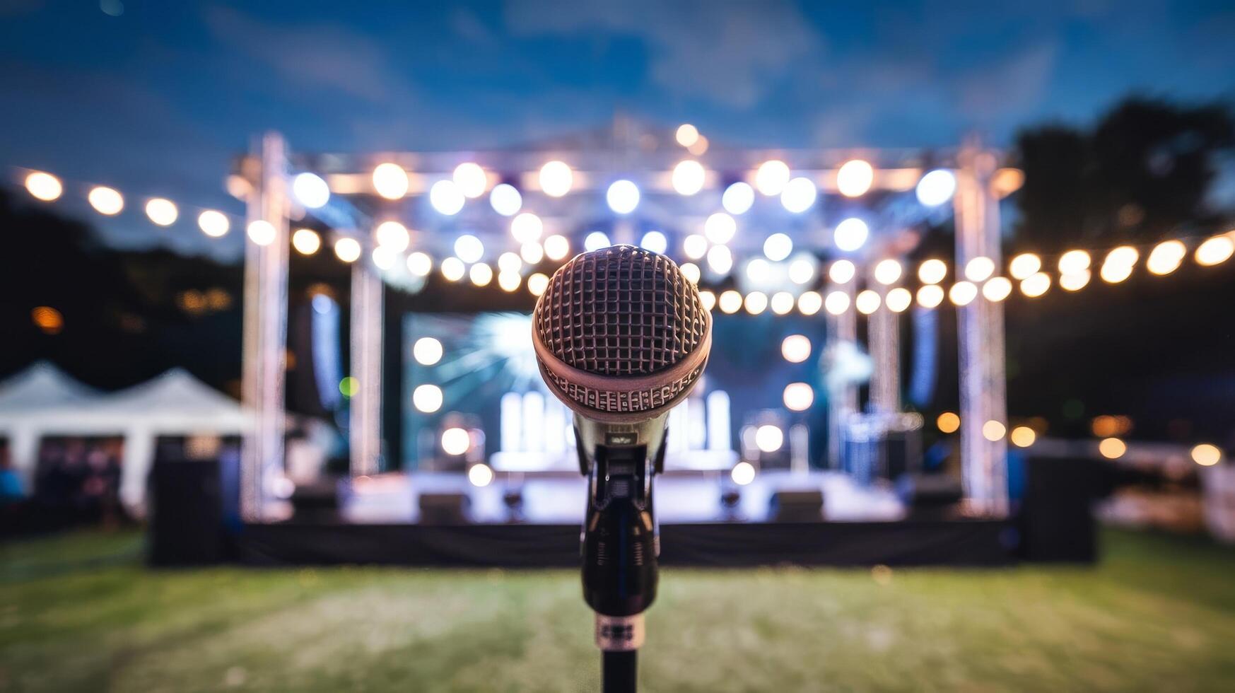 Close up of microphone on stage at outdoor night party abstract bokeh light background photo