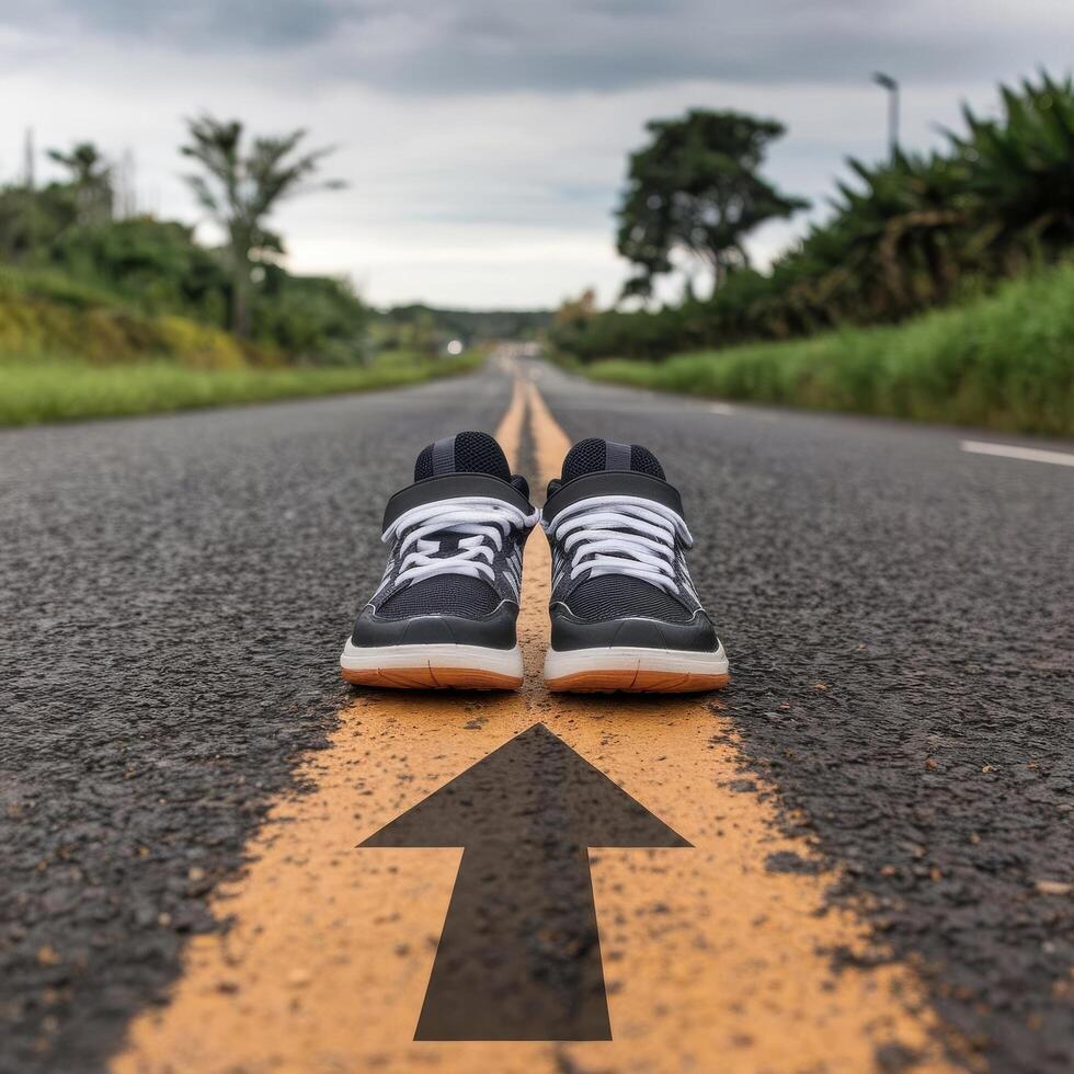 A pair of sneakers on the road with arrows pointing to them photo