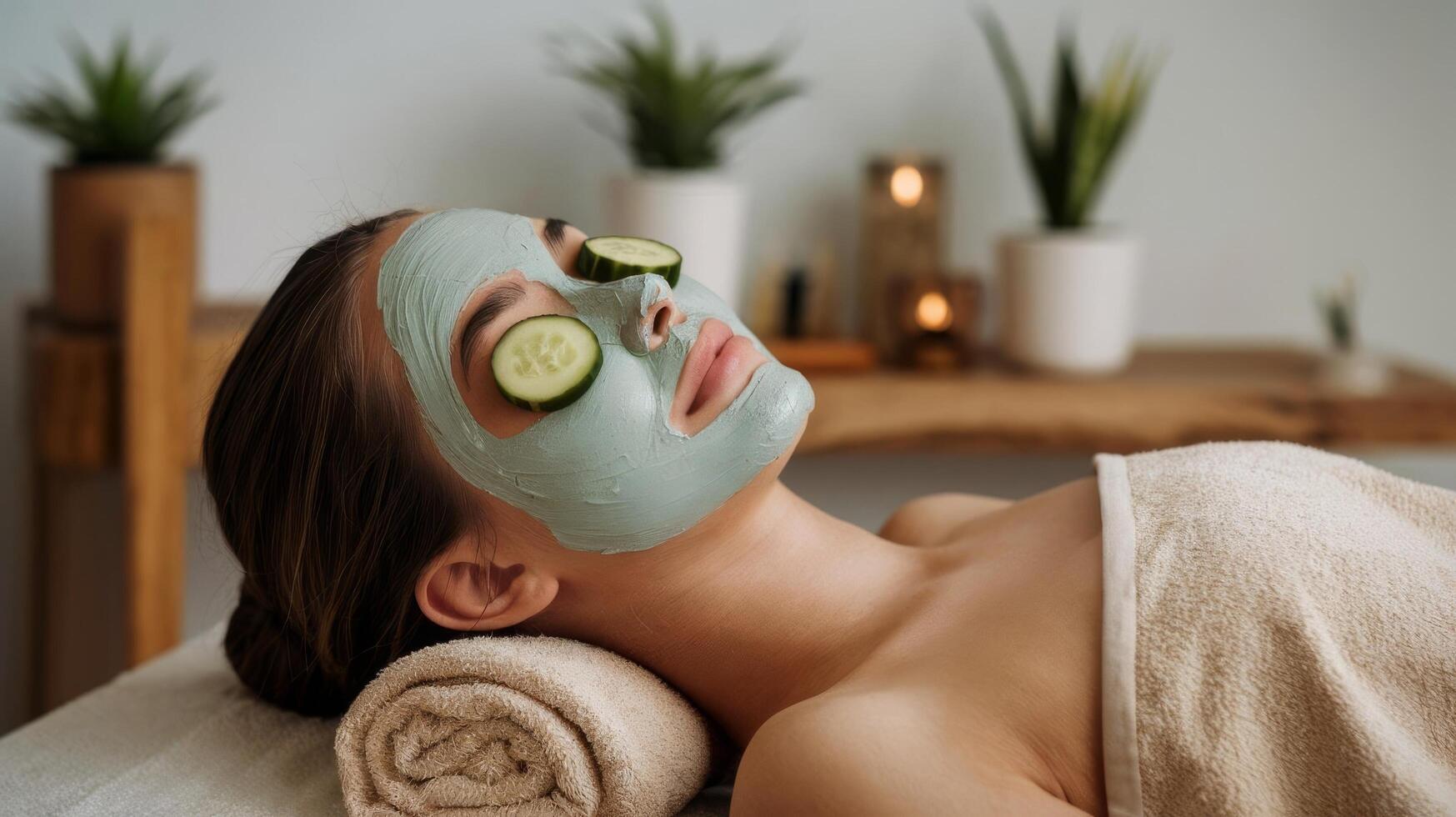 A woman with cucumber mask on her face photo