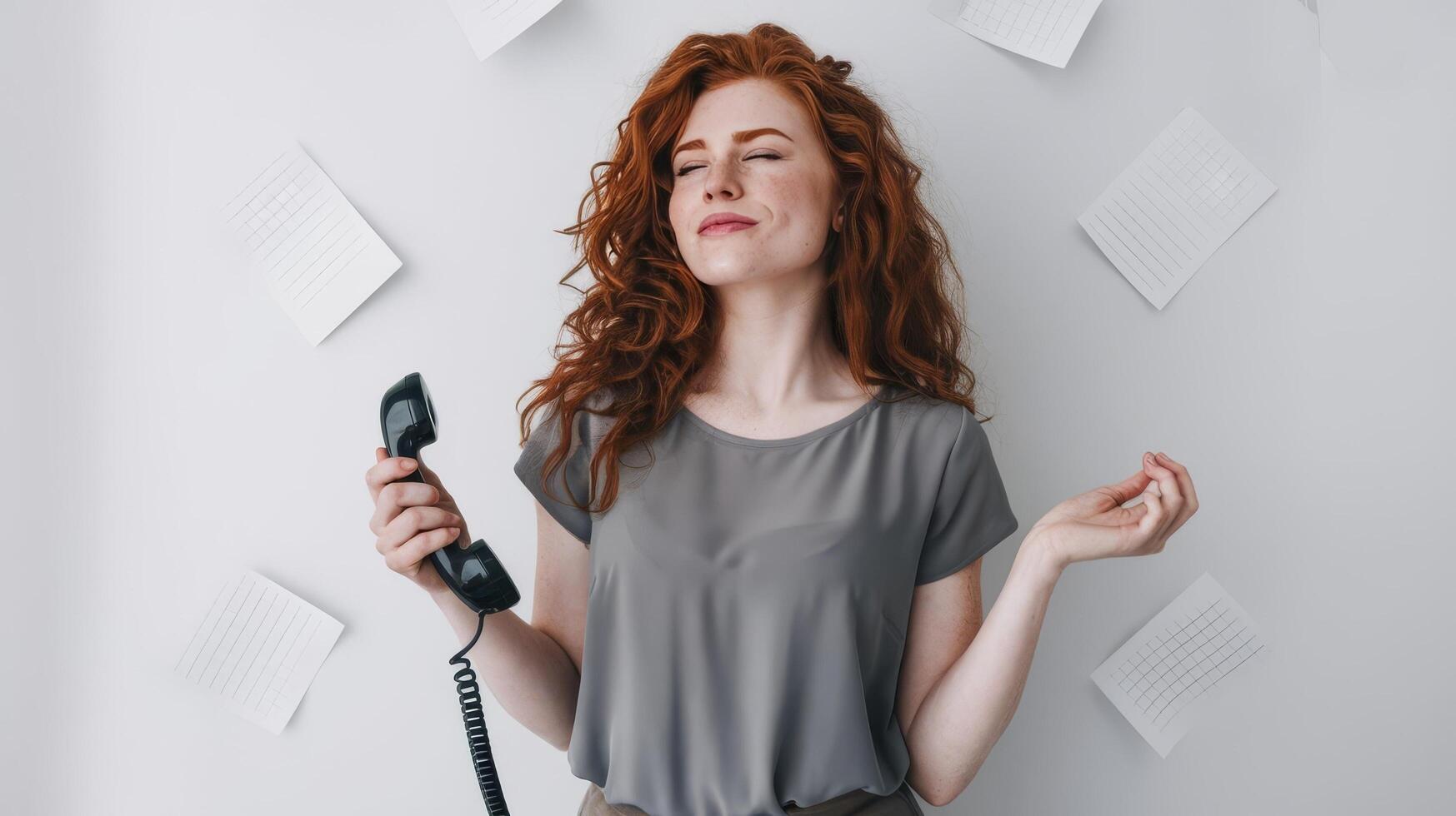 A woman with red hair holding a phone and looking at a wall of papers photo