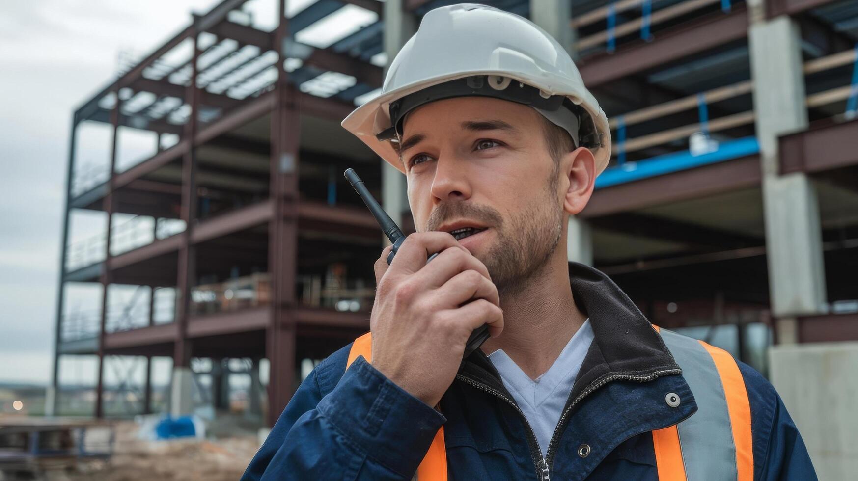 A man in a hard hat talking on a cell phone photo