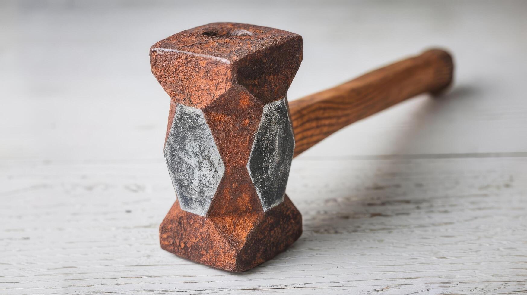 A hammer with a wooden handle sitting on a white table photo