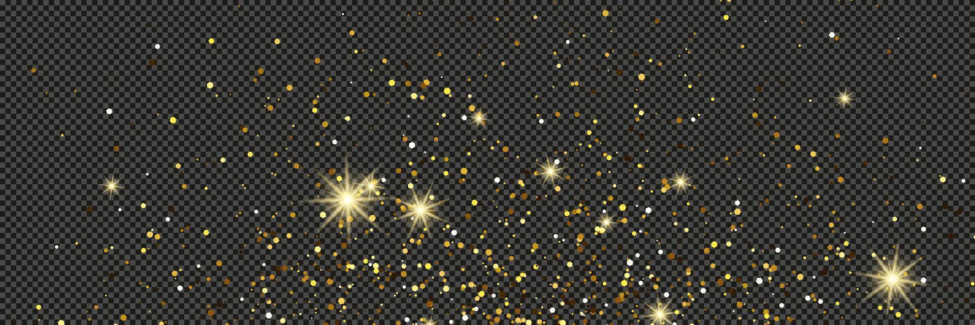 Gold glittering dust with stars on a gray background. Dust with gold glitter effect and space for your text. illustration vector