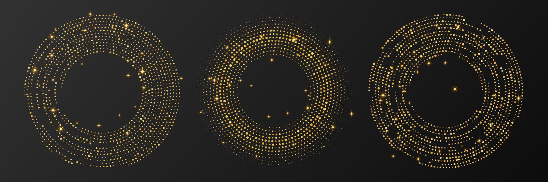 Abstract gold glowing halftone dotted background. Set of three gold patterns in circle form. Circle halftone dots. illustration vector