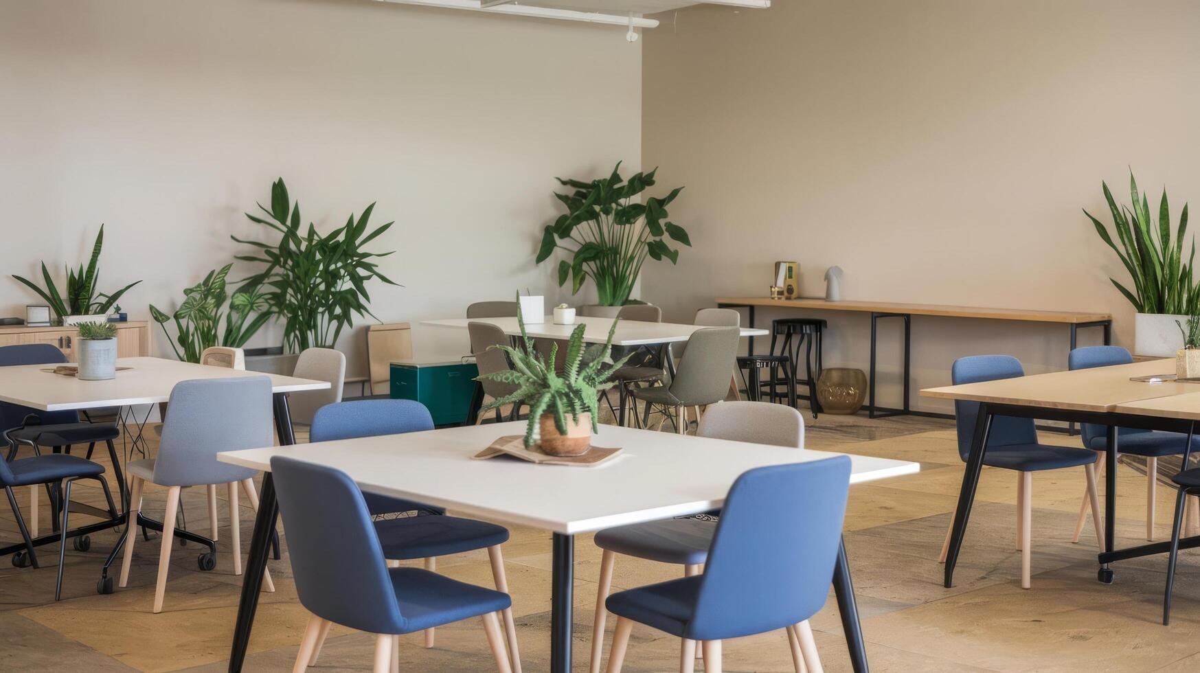 A large open space with tables and chairs photo