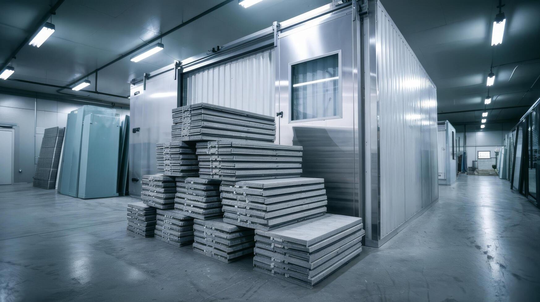 A large room with many stacks of metal photo