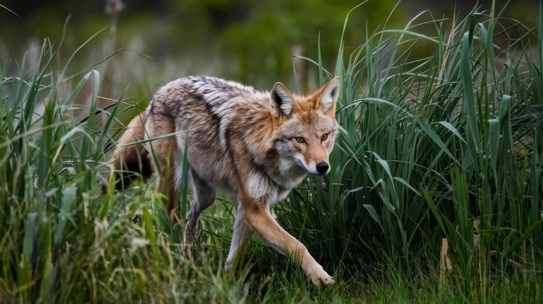 A coyote walking through tall grass in the woods photo