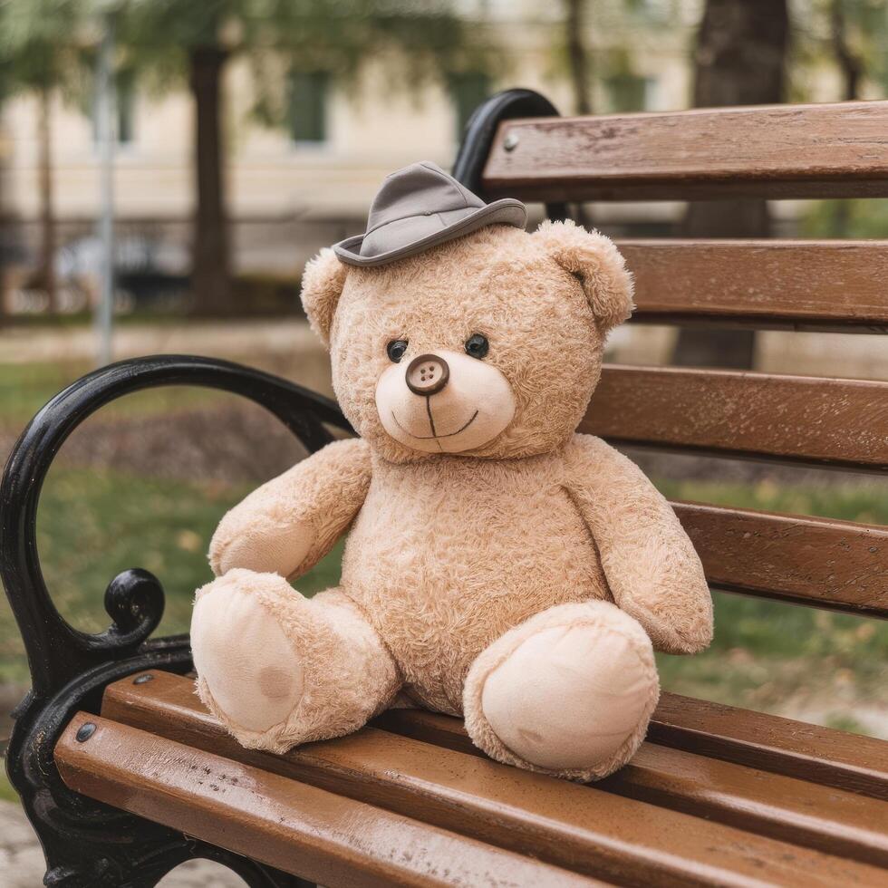 A teddy bear sitting on a bench photo