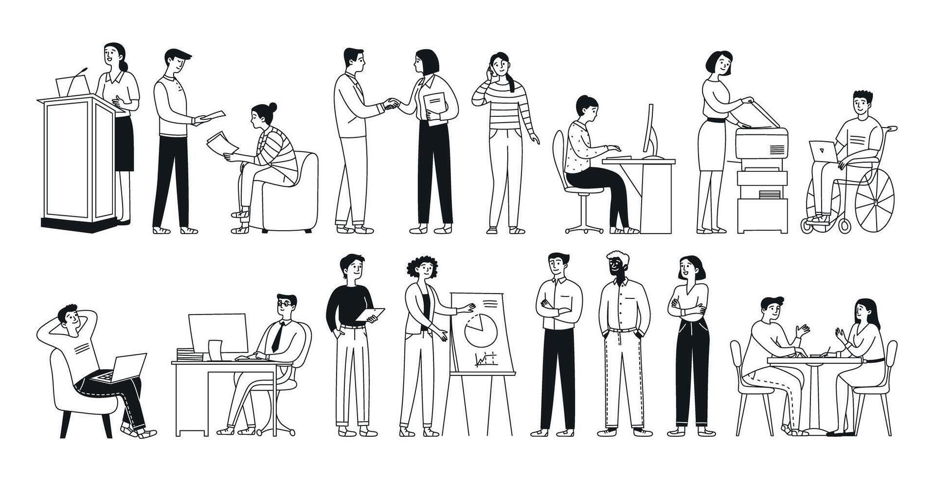 Set of diverse business people, men and women of different ages and body types in office suits. Inclusive. Isolated on white. Doodle style vector