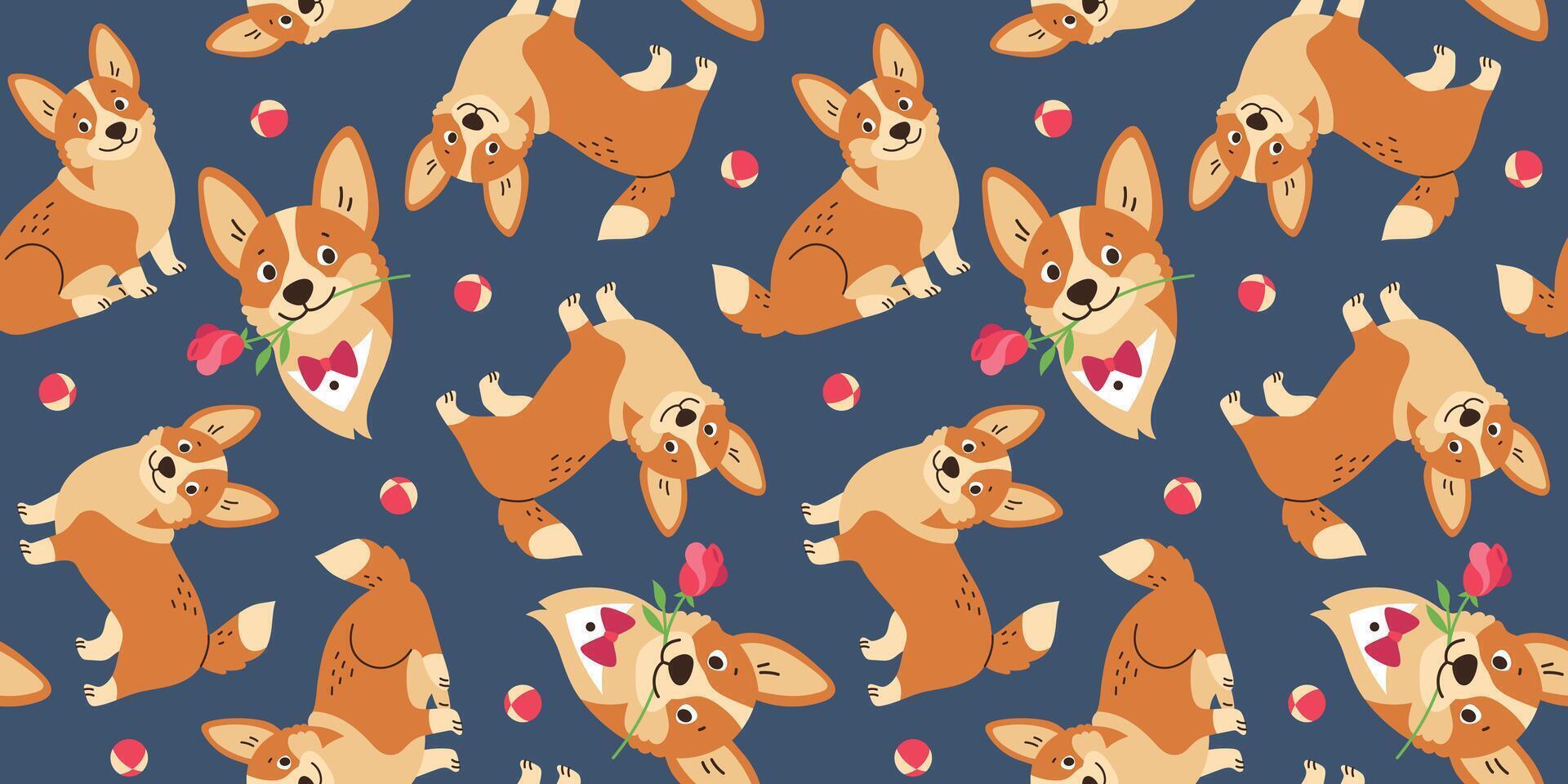 Seamless pattern Welsh Corgi Pembroke dog with flowers and balls. Pets, animals. Background for decoration and textiles vector