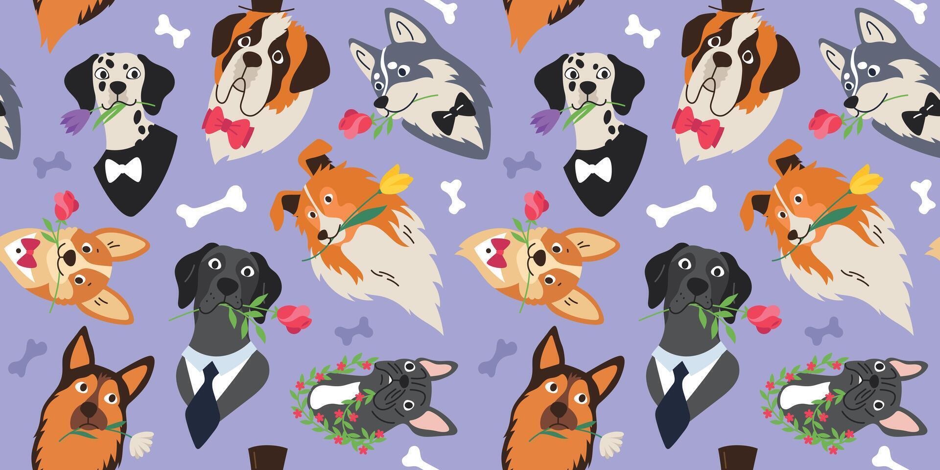 Seamless pattern of dog heads with flowers in their mouths.Pets, animals. Background vector
