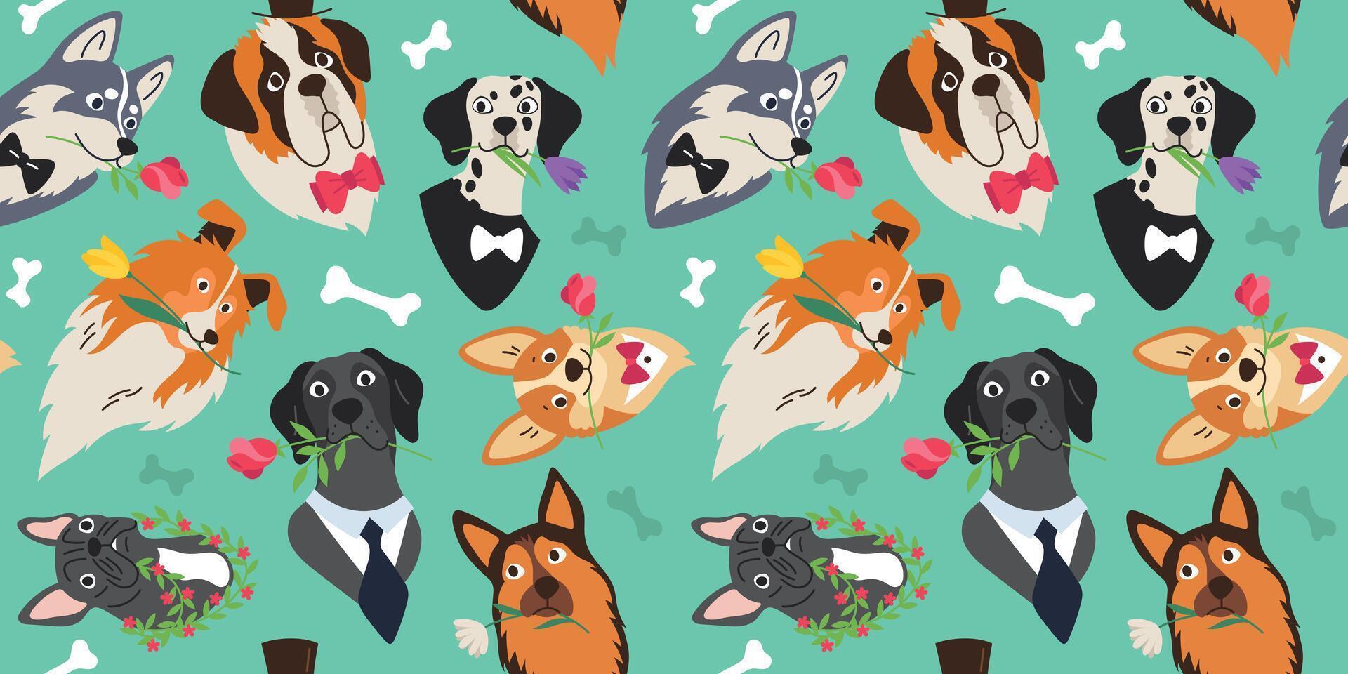 Seamless pattern of dog heads with flowers in their mouths. Pets. Background for design vector