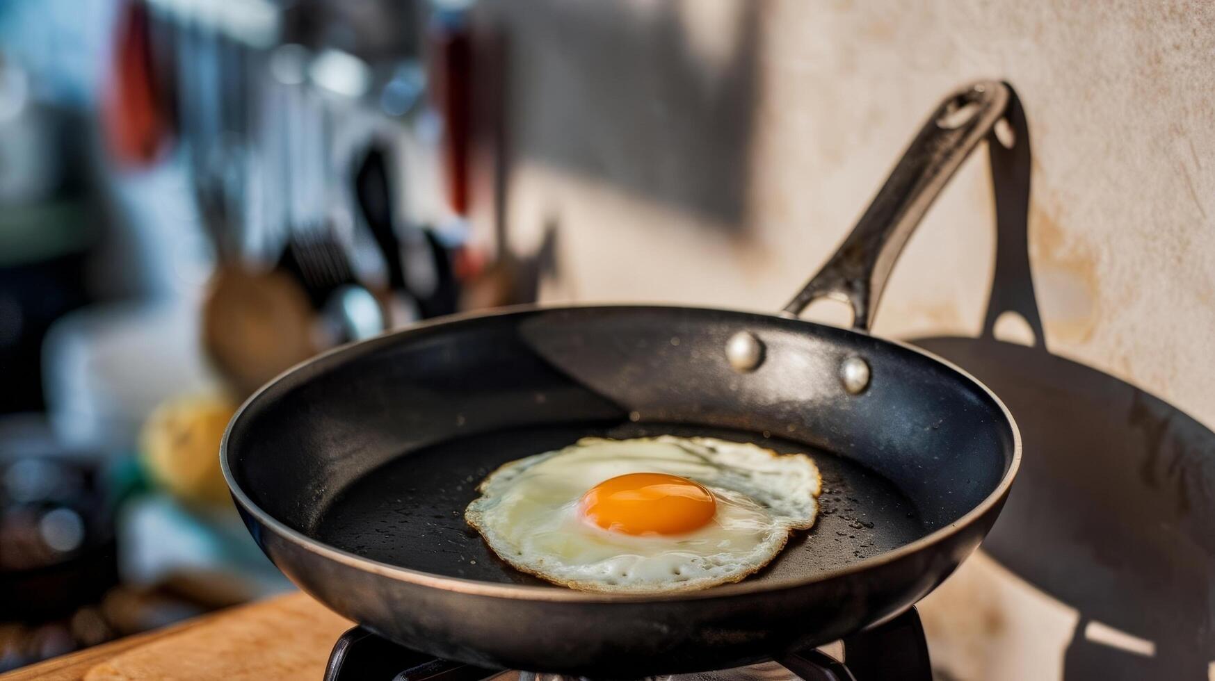 Fried egg in frying pan on stove photo