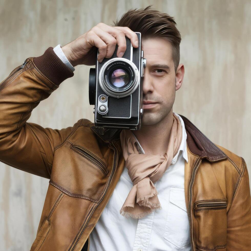 A man in a leather jacket holding an old camera photo