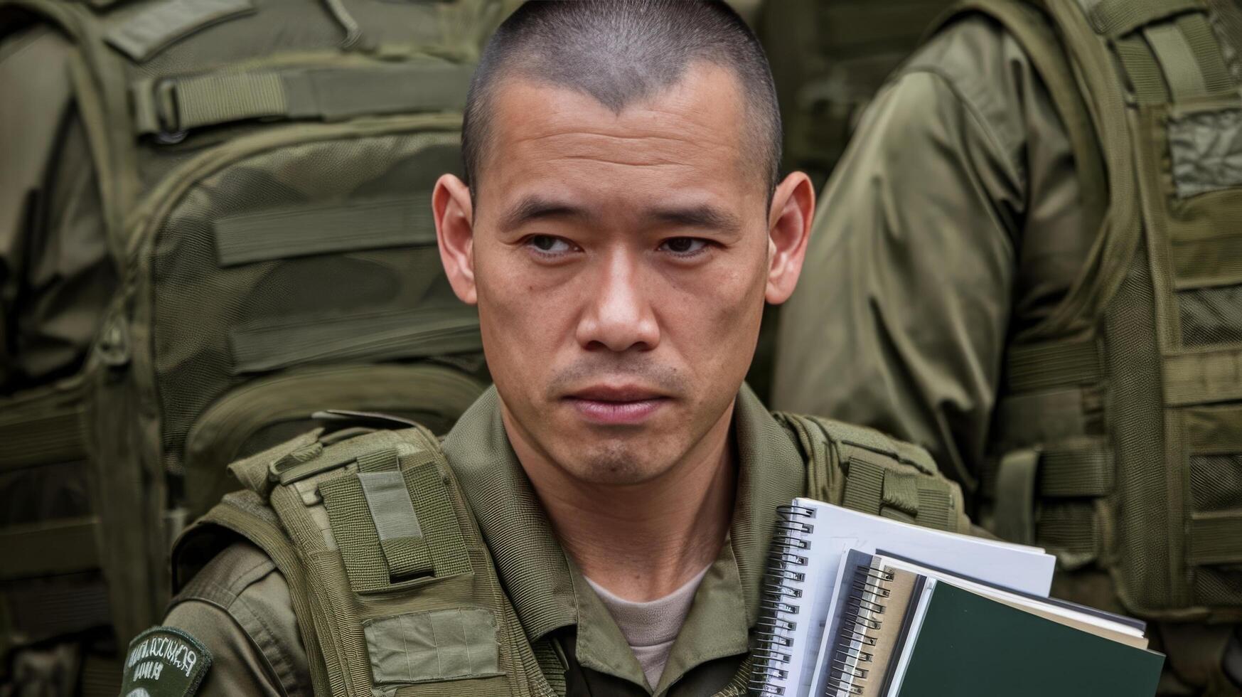 A man in military uniform holding a notebook photo