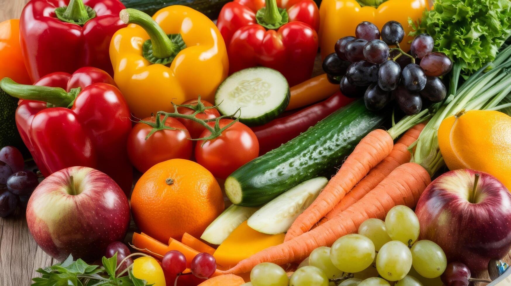 A variety of fruits and vegetables are arranged on a table photo