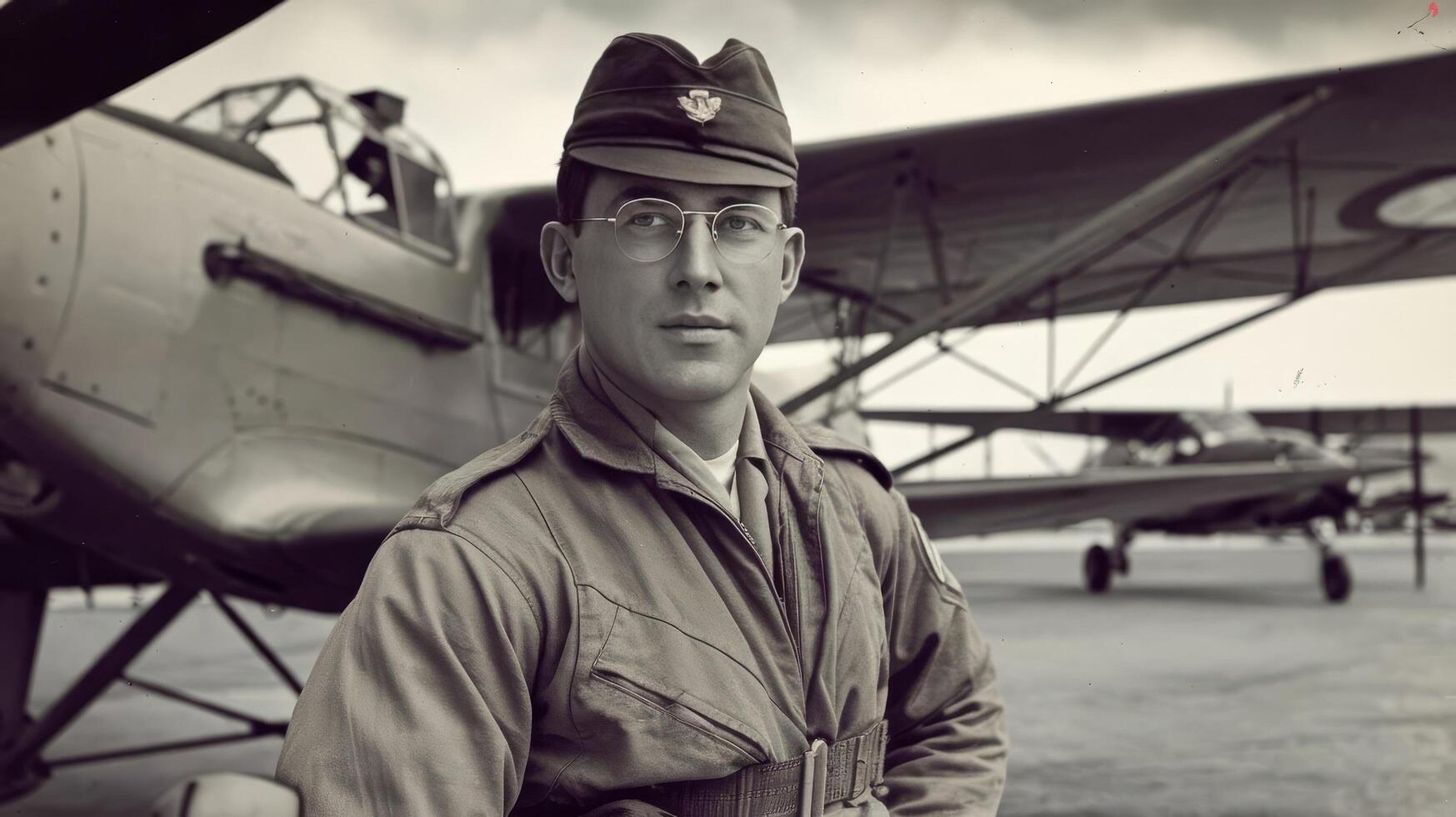 A man in uniform standing next to an old airplane photo