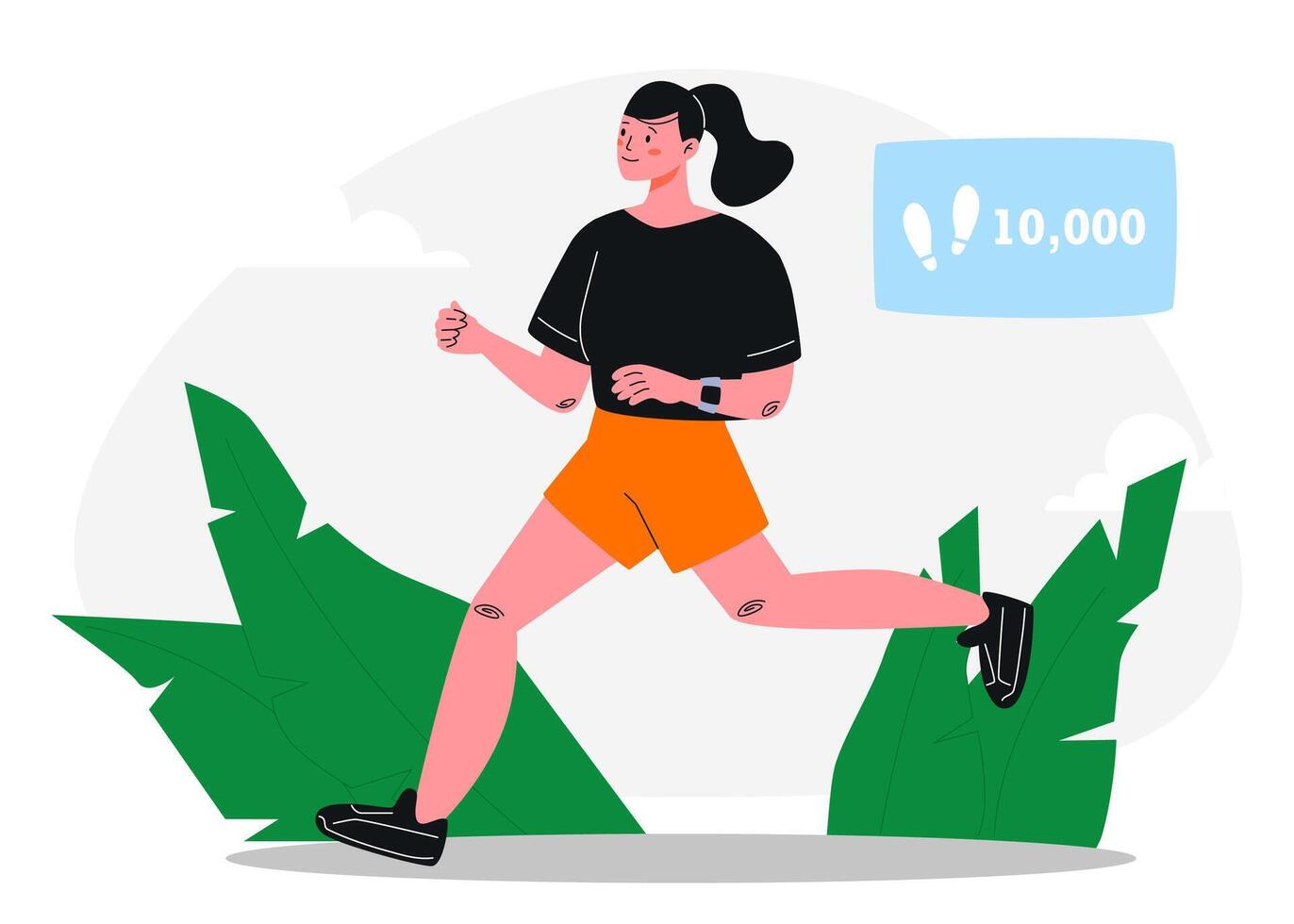 Young Woman Running Outdoors with Step Tracker. vector
