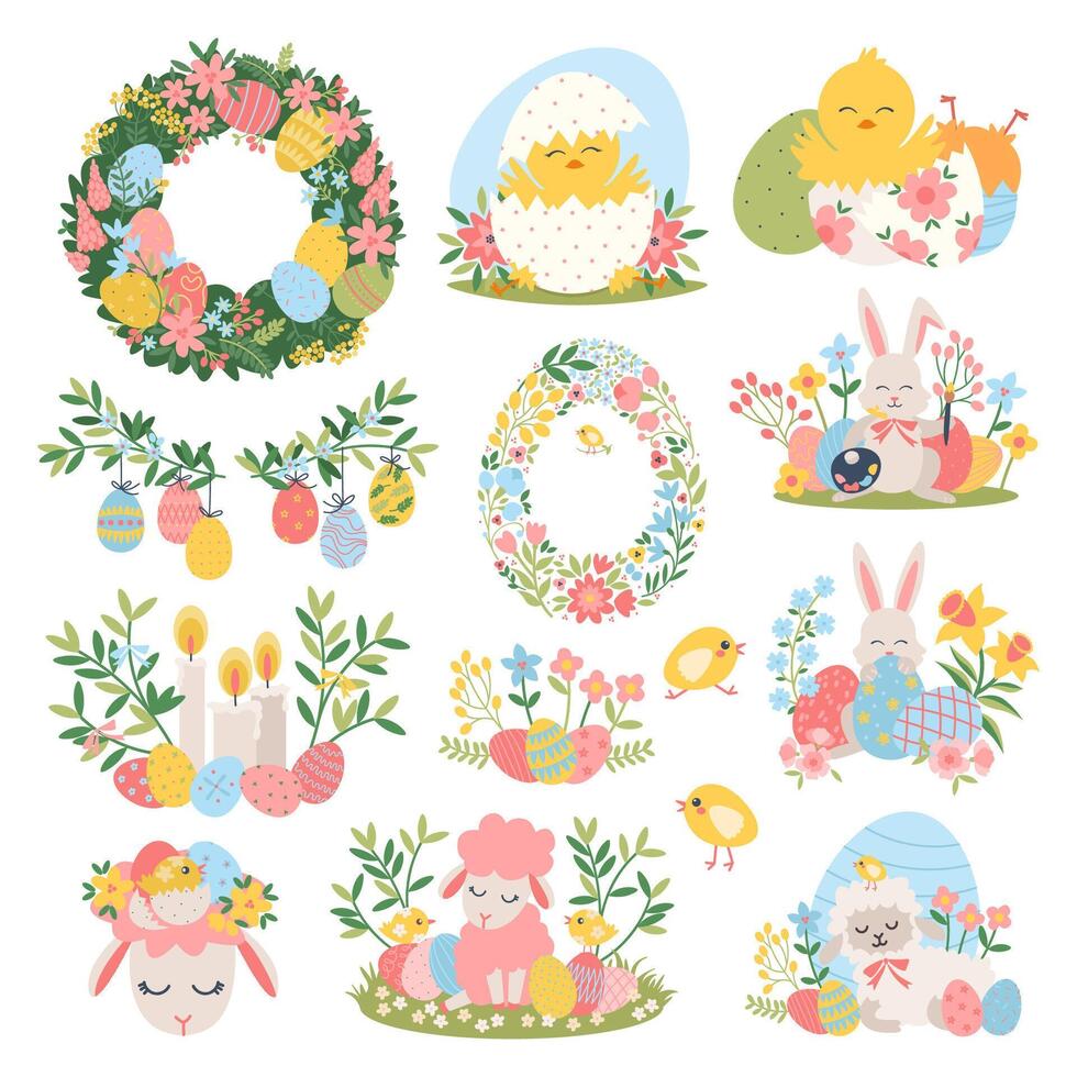 Set of Cute Easter Cartoon Characters and Elements vector