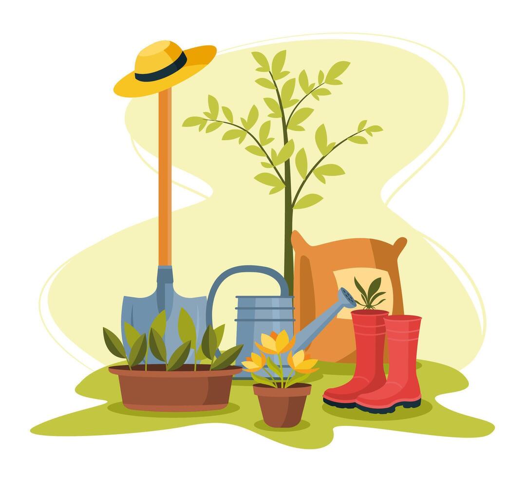 Gardening Scene with Tools, Plants, Rubber Boots. vector