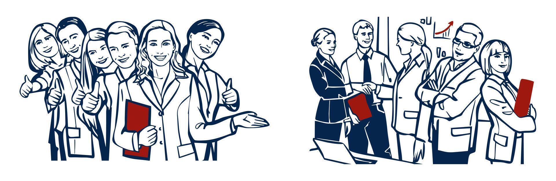 Hand-drawn business illustration of a successful team giving thumbs up and professionals shaking hands, symbolizing teamwork, partnership, success, and corporate growth vector