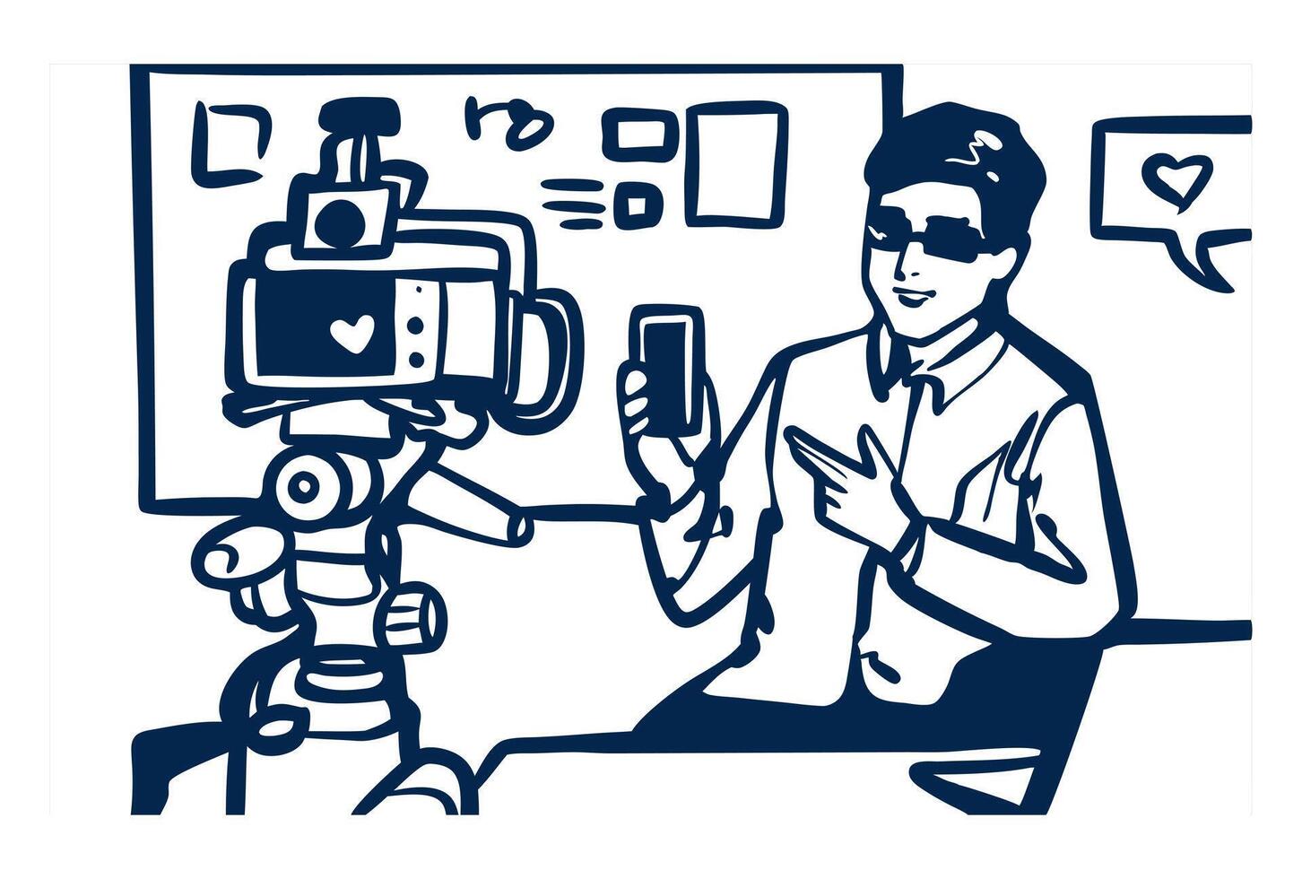 A robot and a person interacting with technology, symbolizing AI-human collaboration in modern society vector