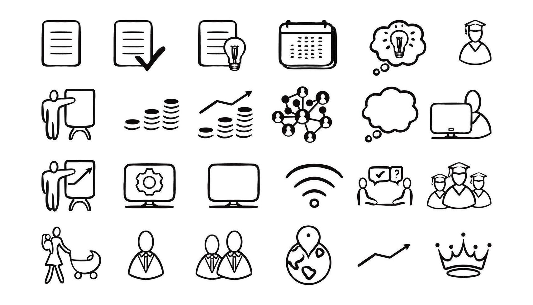 Hand-drawn business and education icons set. Includes finance, teamwork, presentation, online learning, growth, networking, technology, and success symbols vector