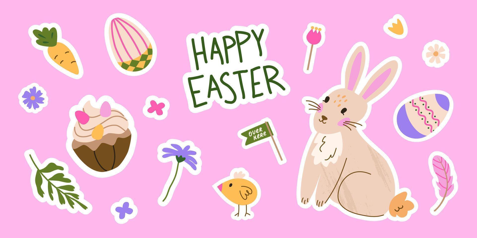 Happy Easter cute sticker collection. Isolated labels of bunnie, cupcake, chick, decorated eggs and carrot. Trendy and elegant patches with hand drawn illustrations vector