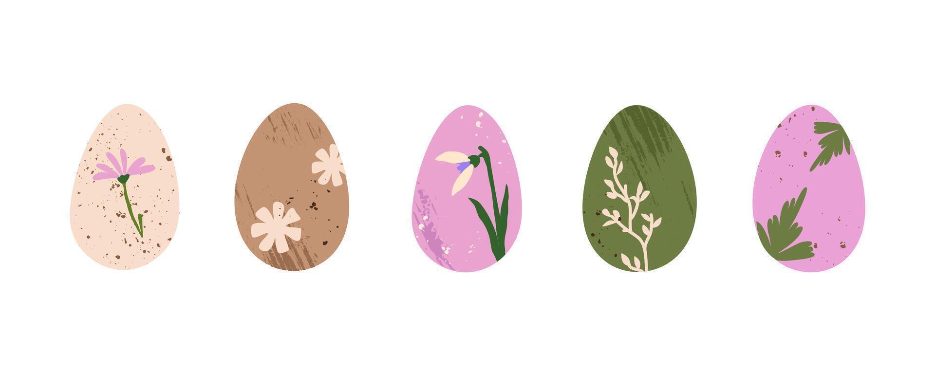 Easter eggs set. DIY natural dyed eggs with spring flowers. Pastel elegant design of Easter symbol vector