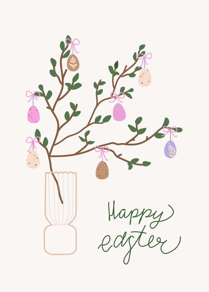Happy Easter egg tree card. Trendy greeting card with Easter centerpiece table decoration. Minimalistic and elegant design with hand drawn calligraphy vector