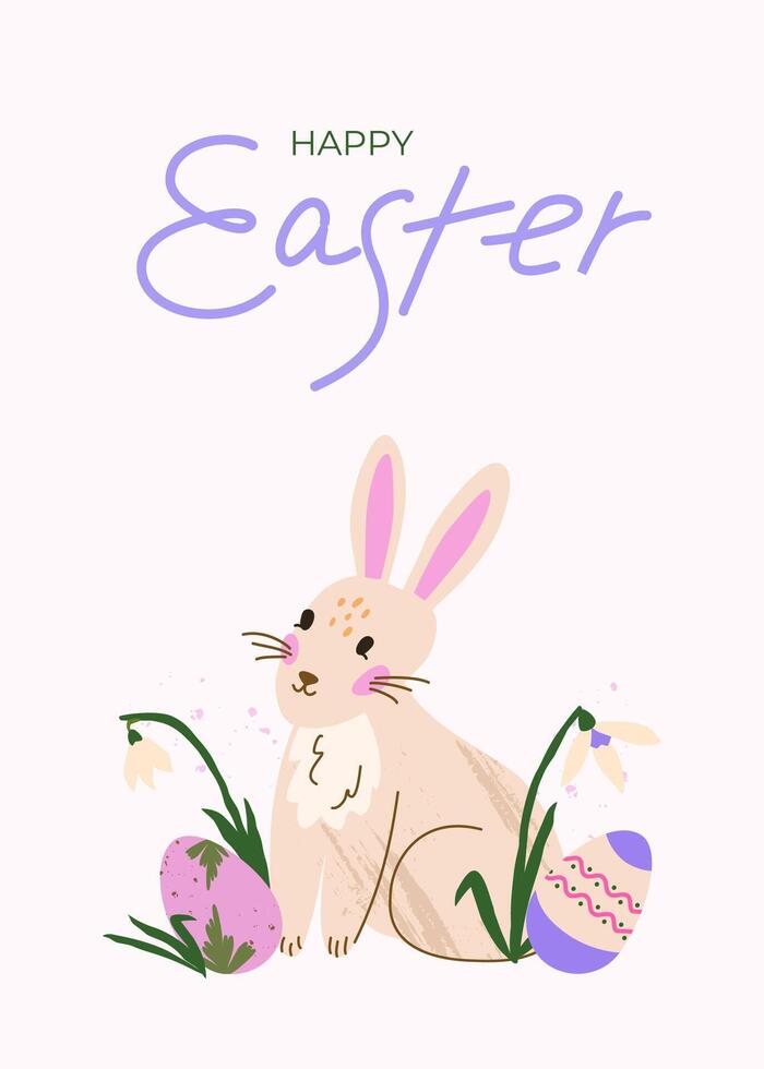Cute Happy Easter card. Trendy greeting card with bunny snowdrop and DIY eggs. Pastel and elegant design with handwritten lettering vector