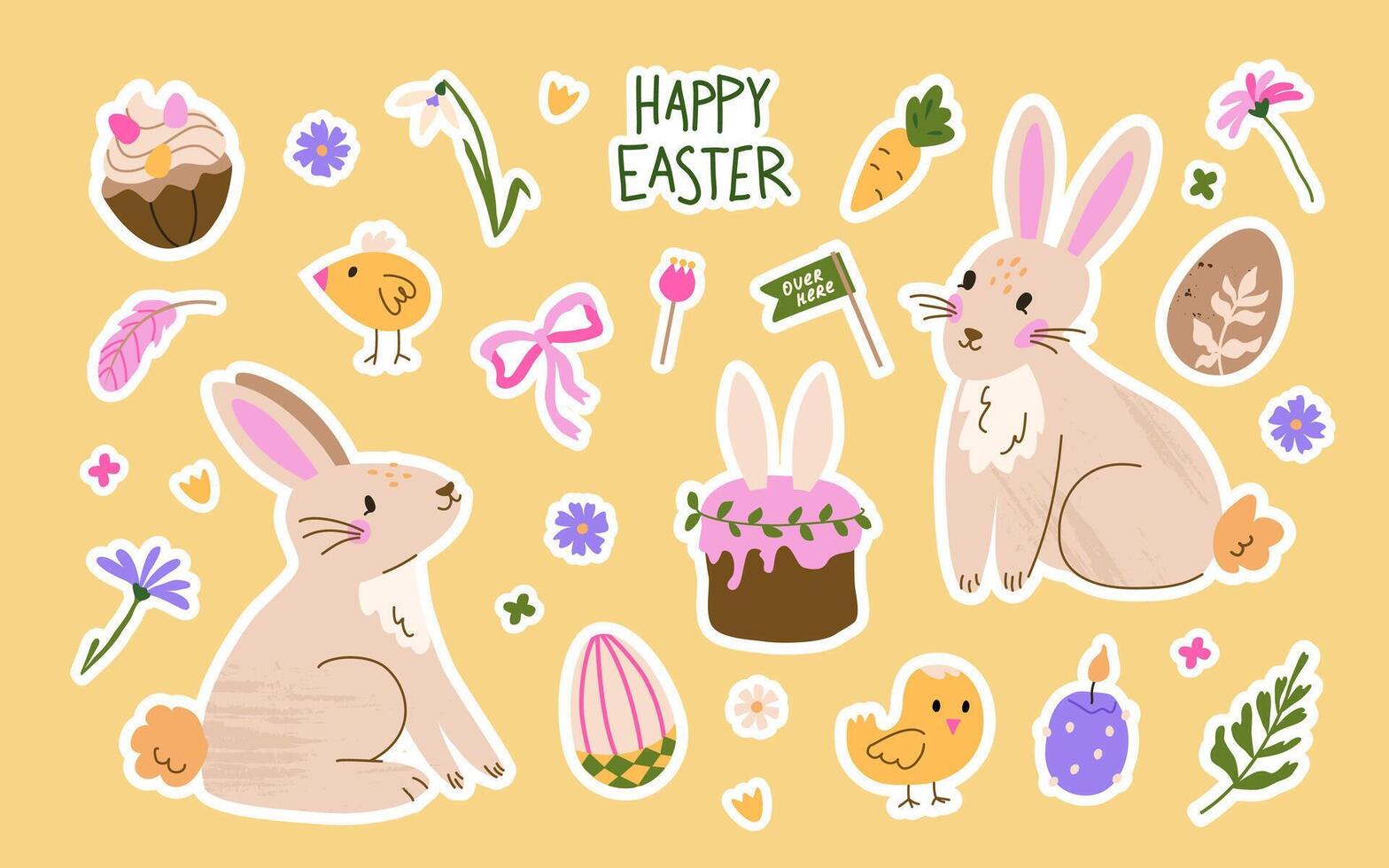 Happy Easter cute sticker collection. Isolated labels of bunnie, chick, decorated eggs and spring flowers. Trendy and elegant patches with hand drawn illustrations vector