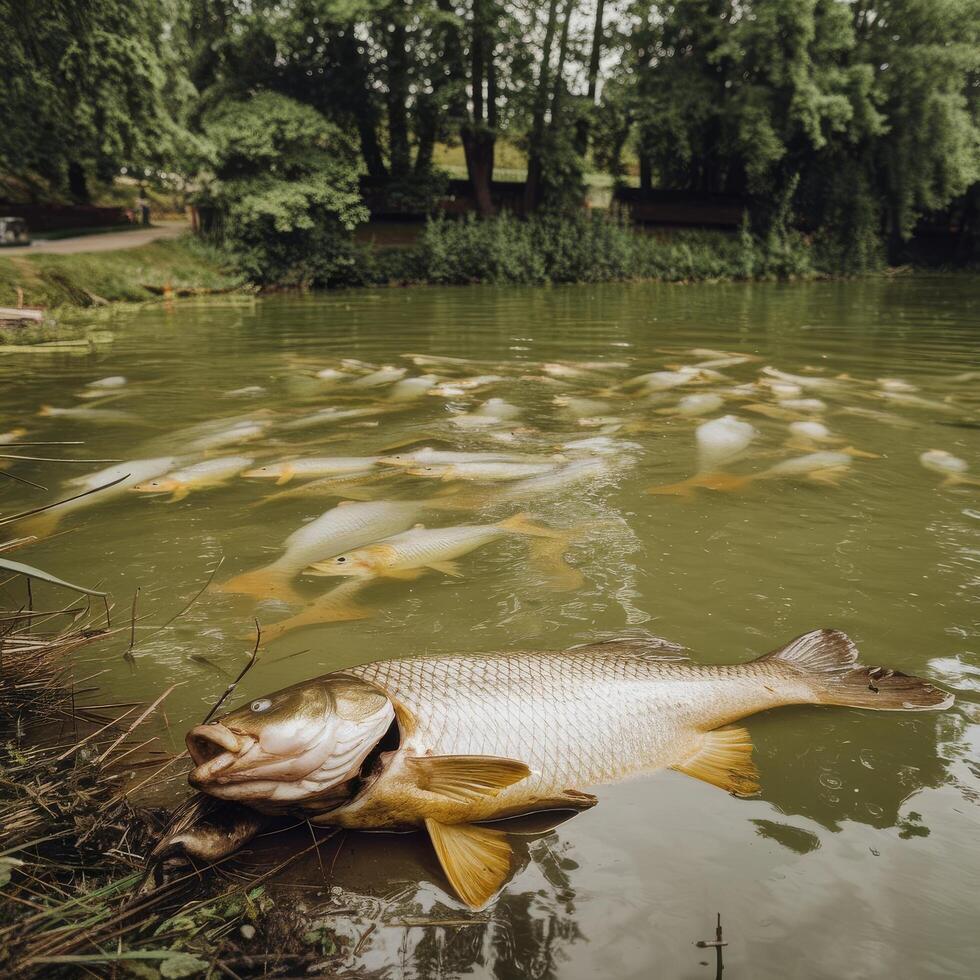 A dead fish in a pond with many fish photo