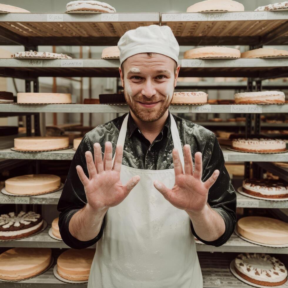 A man in a white hat and apron is making a gesture with his hands photo