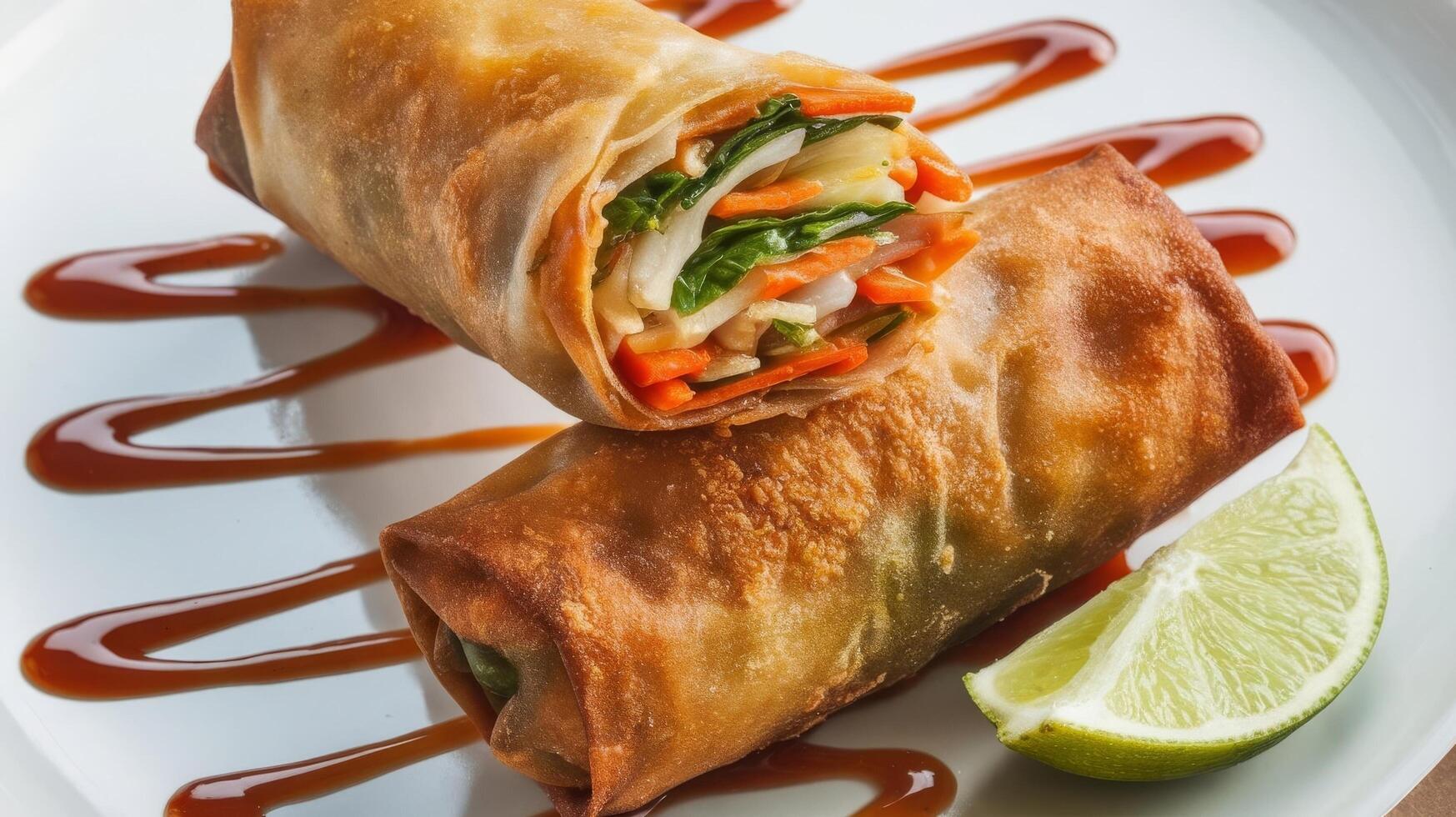 A plate with two spring rolls and a lime wedge photo