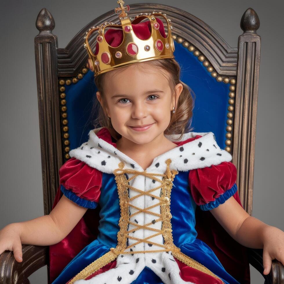 A little girl in a royal costume sitting on a chair photo