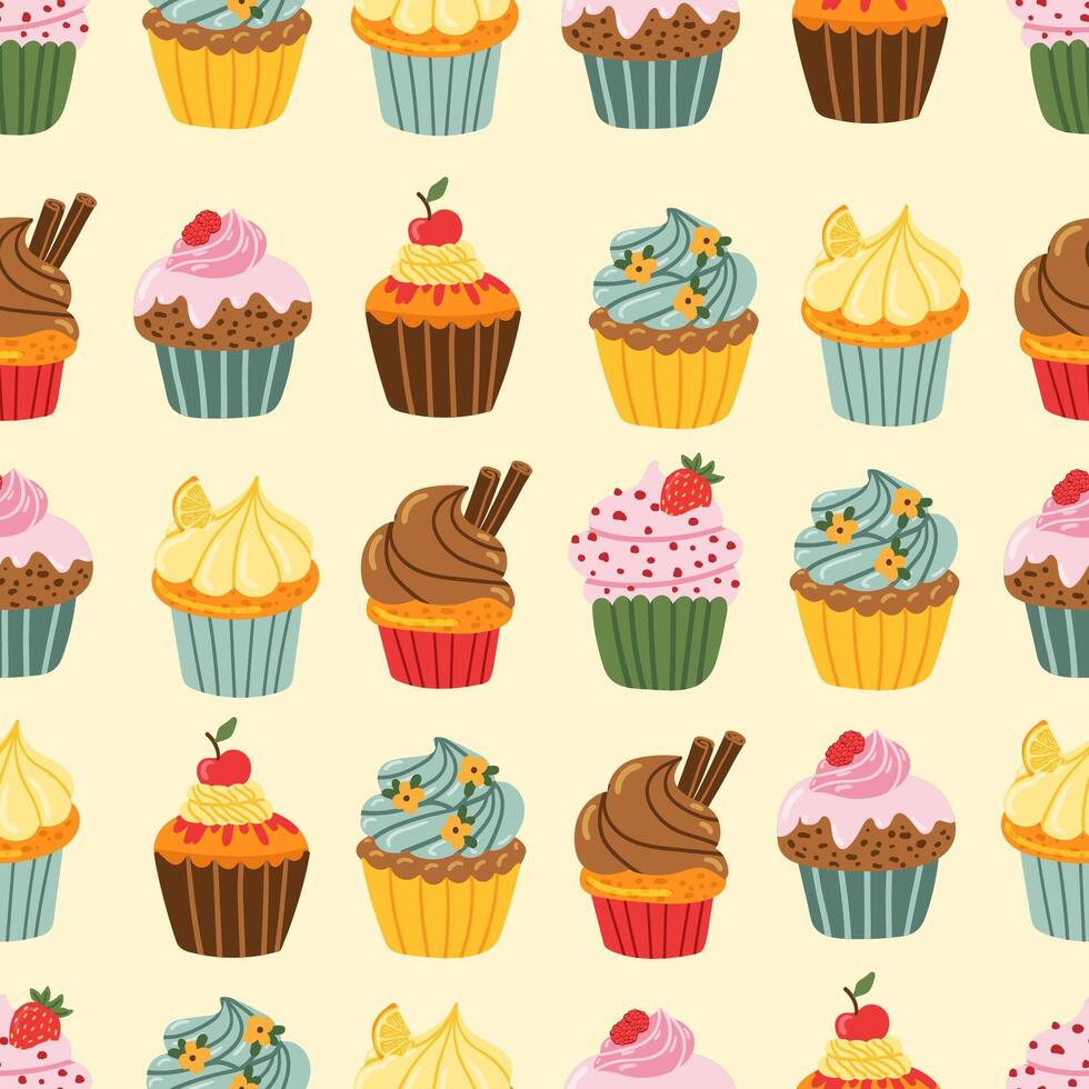 cup cakes with berries, flower, cinnamon seamless pattern. pastry texture holiday, fabric, wallpaper vector