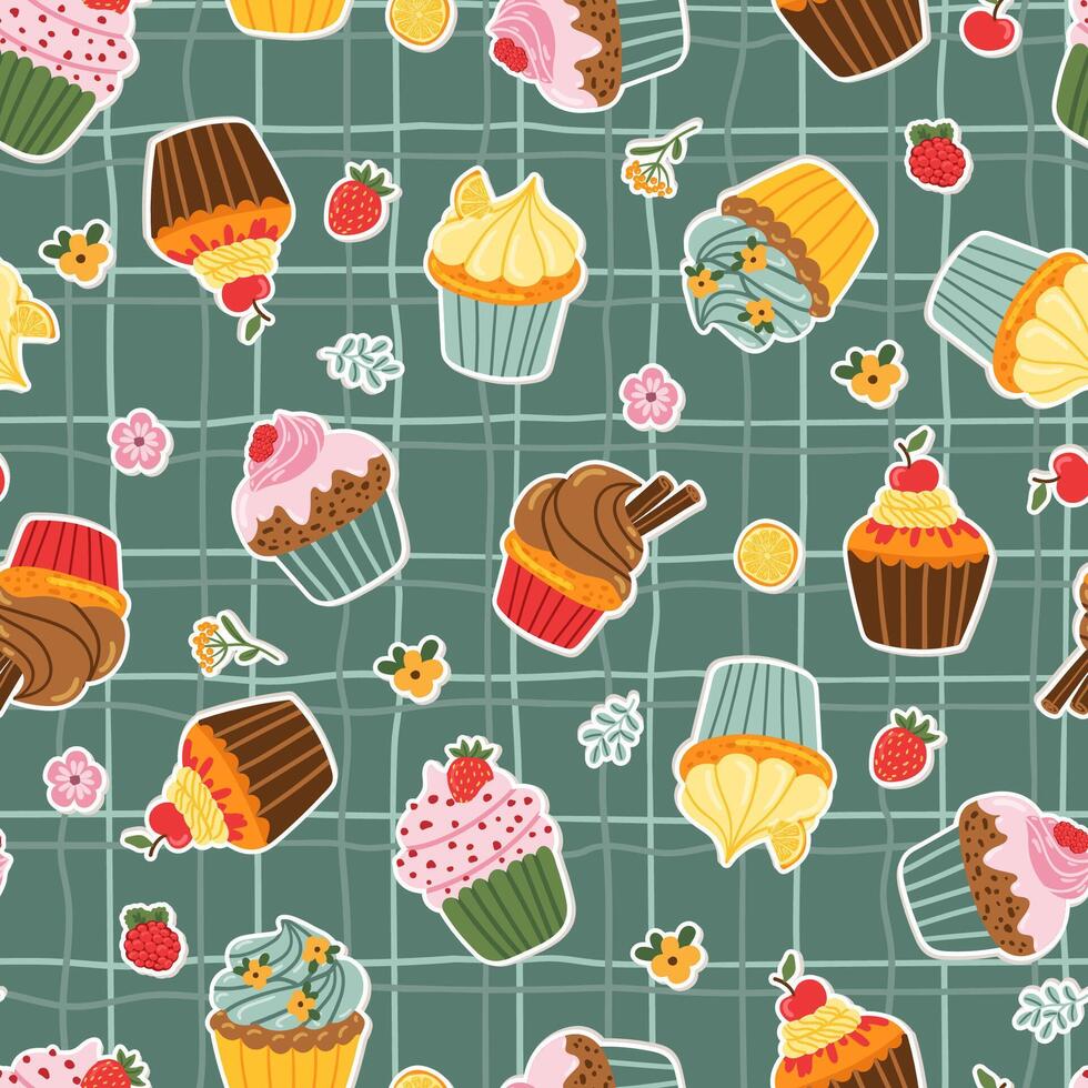 cup cakes with berries, flower, cinnamon seamless pattern checkered vector