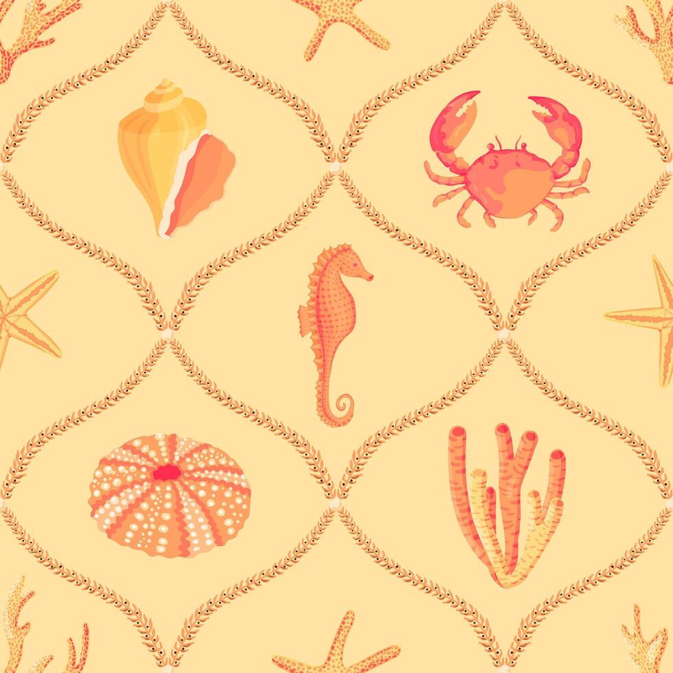 Sea animals endless pattern. Sea urchin, seahorse, starfish, shells, corals texture vector