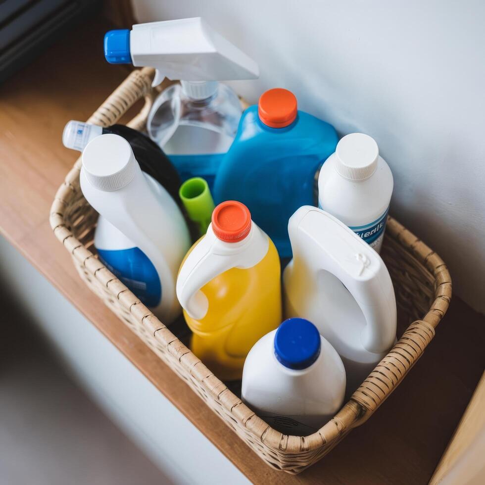 High angle basket with cleaning products photo