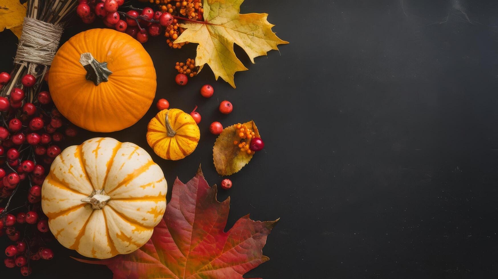 Autumn and thanksgiving decoration concept made from autumn leaves berry and pumpkin on dark background flat lay top view with copy space photo