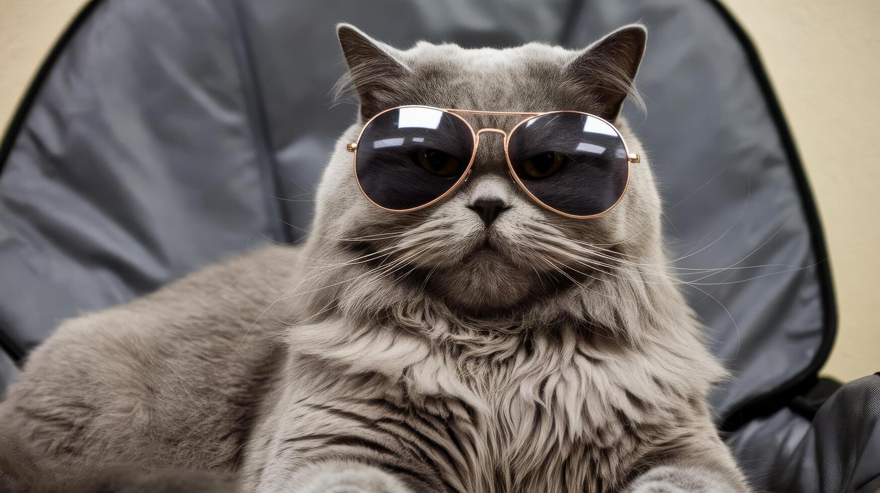 A cat wearing sunglasses sitting on a chair photo