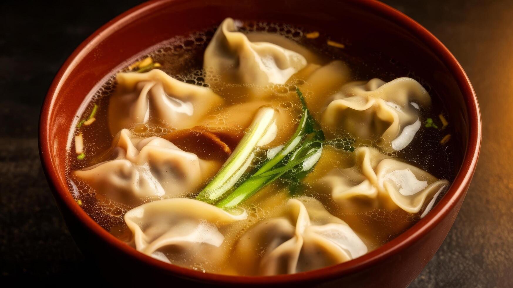 A bowl of dumplings with broth and vegetables photo