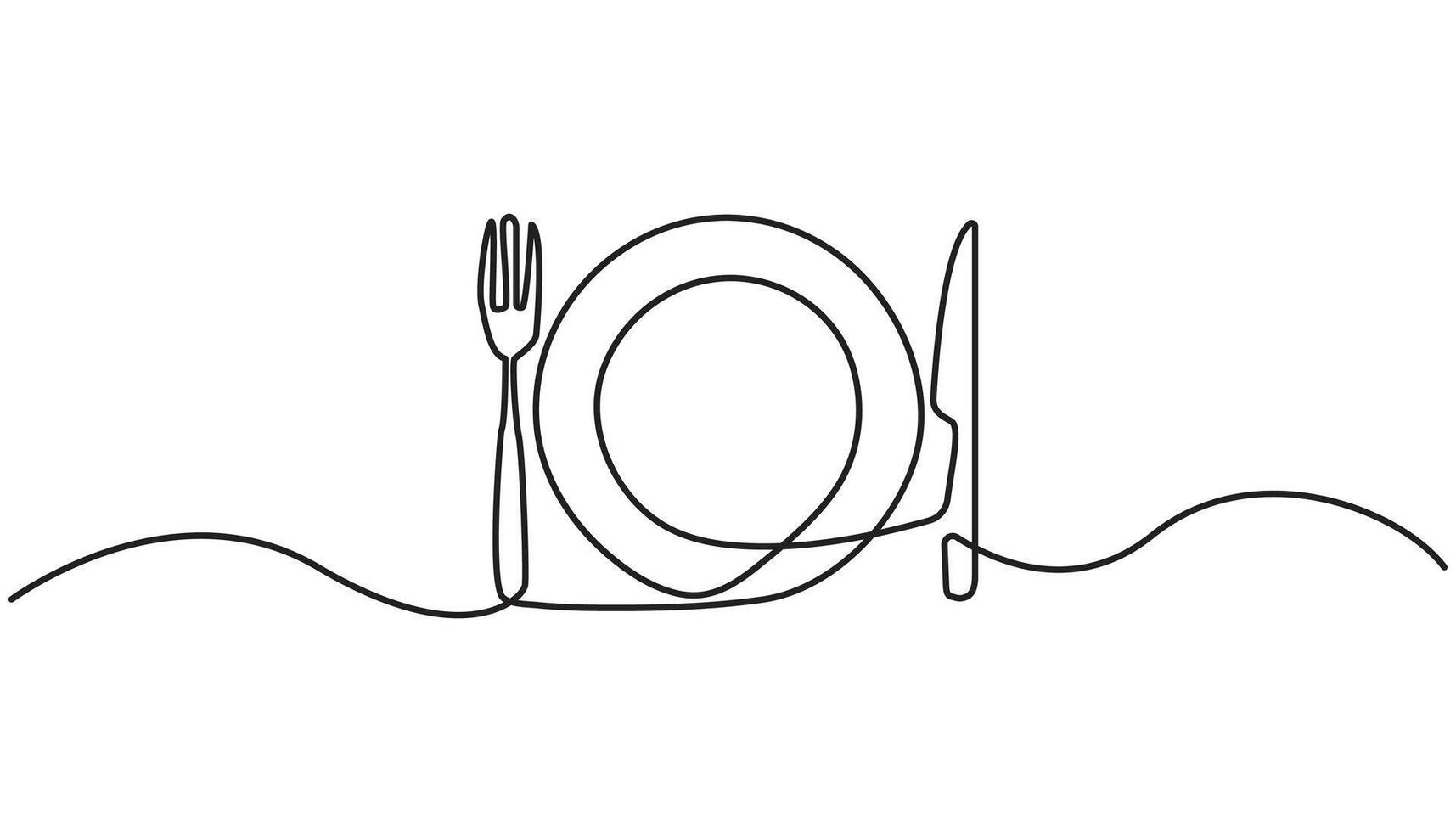 One continuous one line hand drawn plate, knife and fork Simple sketch design isolated on white background. outline illustration vector