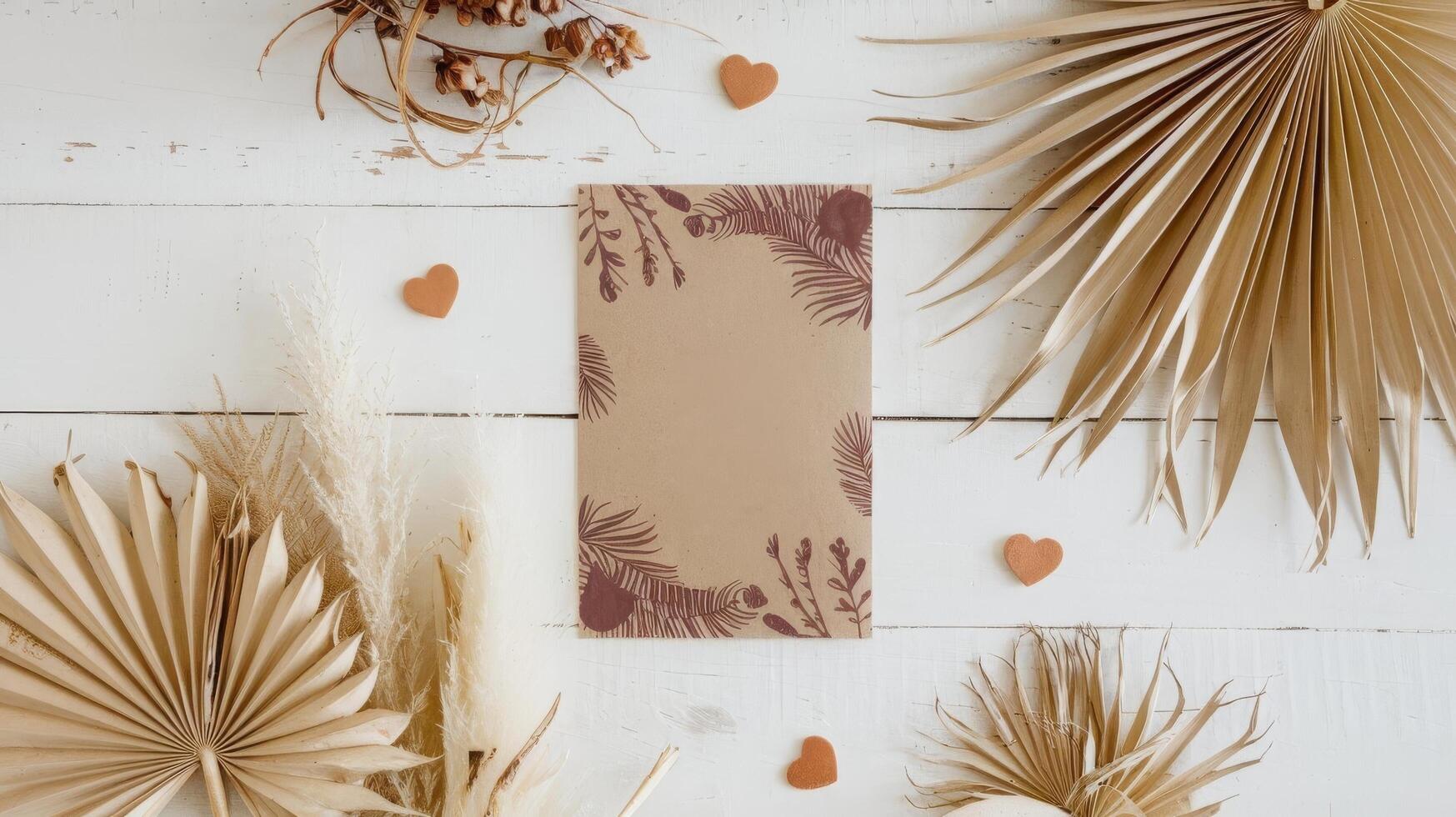 Palm leaves and a card on a wooden table photo