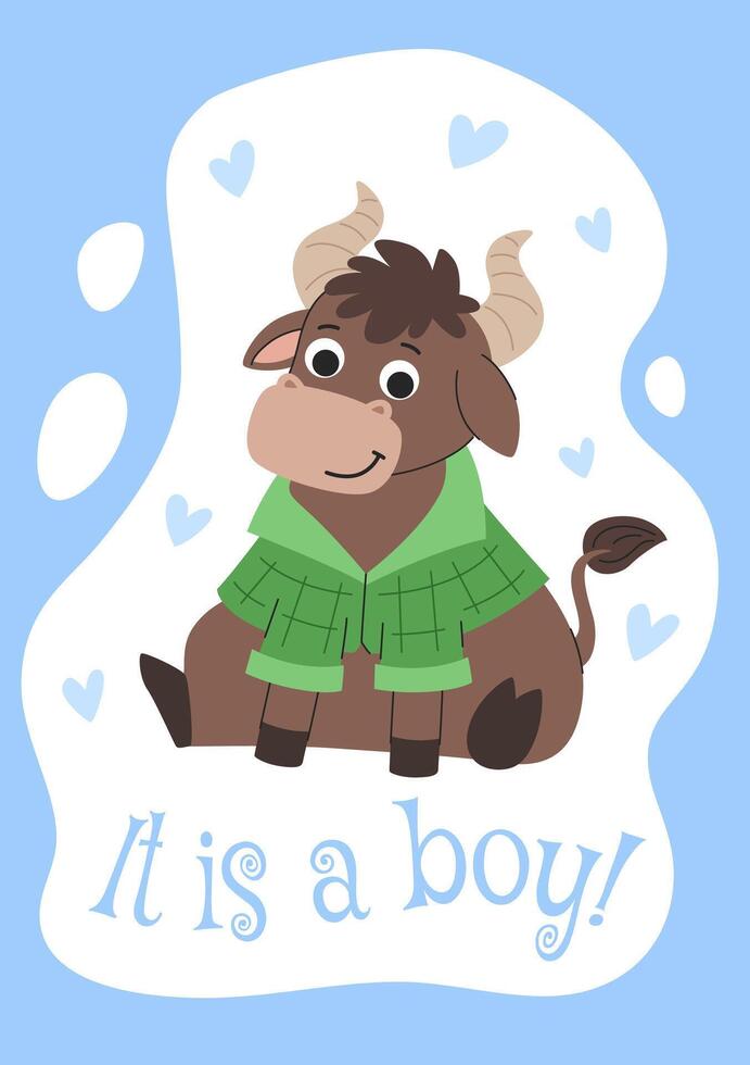 Newborn announcement greeting card for a boy. Cute bull in a shirt on a blue background. vector