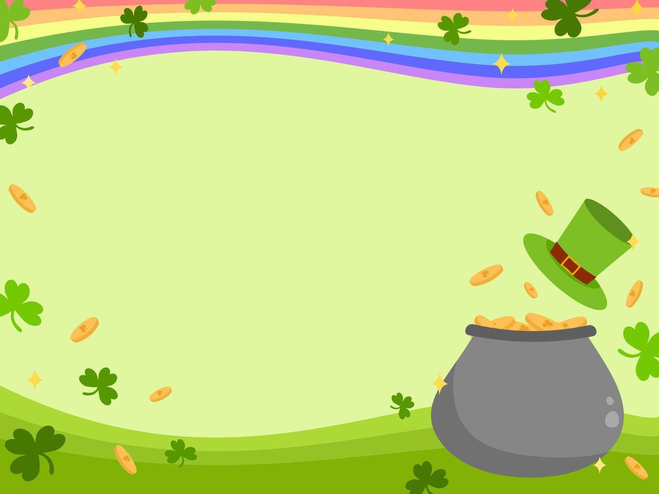 St. Patrick day border illustration decorated with rainbow curve, shamrock cover leaves, golden pot and leprechaun hat on green background vector